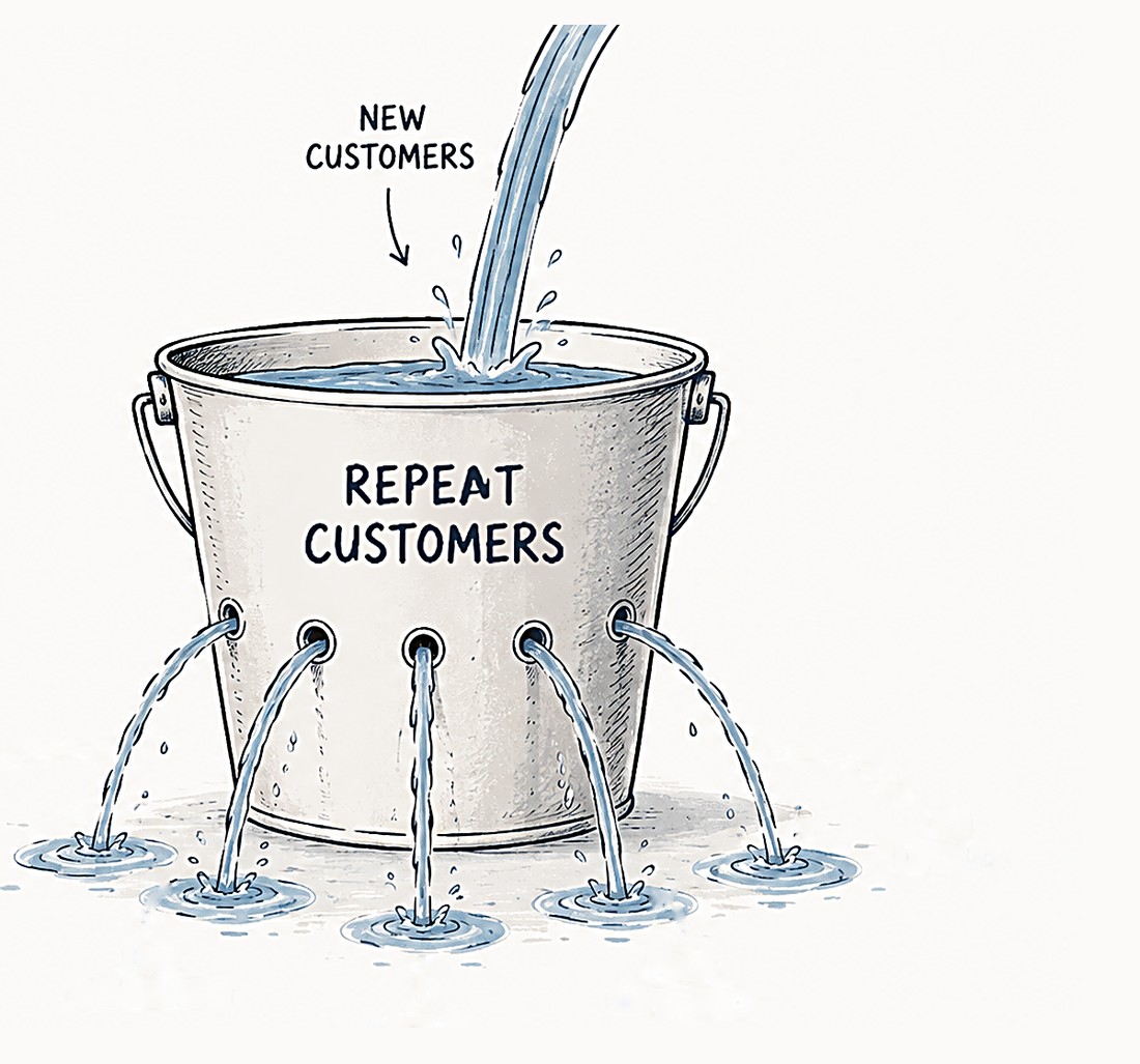A bucket labelled ‘repeat customers’ being filled from above by a stream of new customers, while water leaks out of five holes in its side.